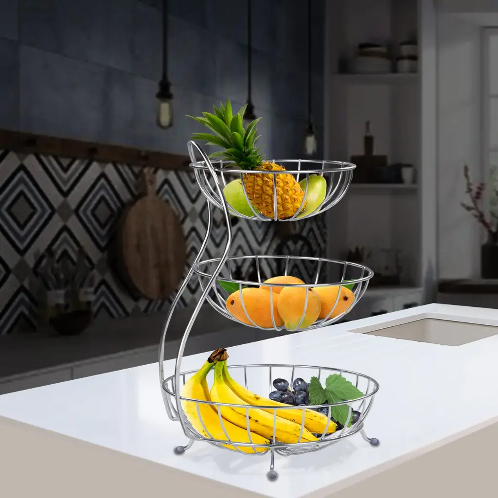Jainex Stainless Steel 3-Tier Fruit & Vegetable Basket for Dining Table/Kitchen - Countertop (Chrome)